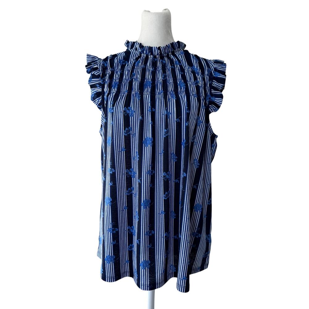 Como Black Blue & White Floral Striped Ruffled Blouse